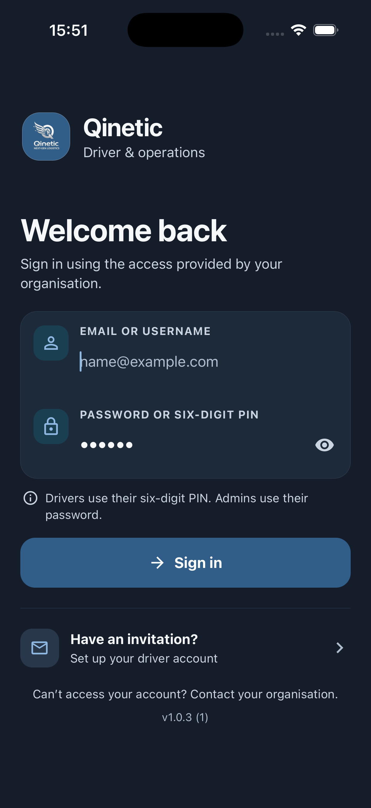 Qinetic mobile sign-in screen showing driver PIN, administrator password and invitation access